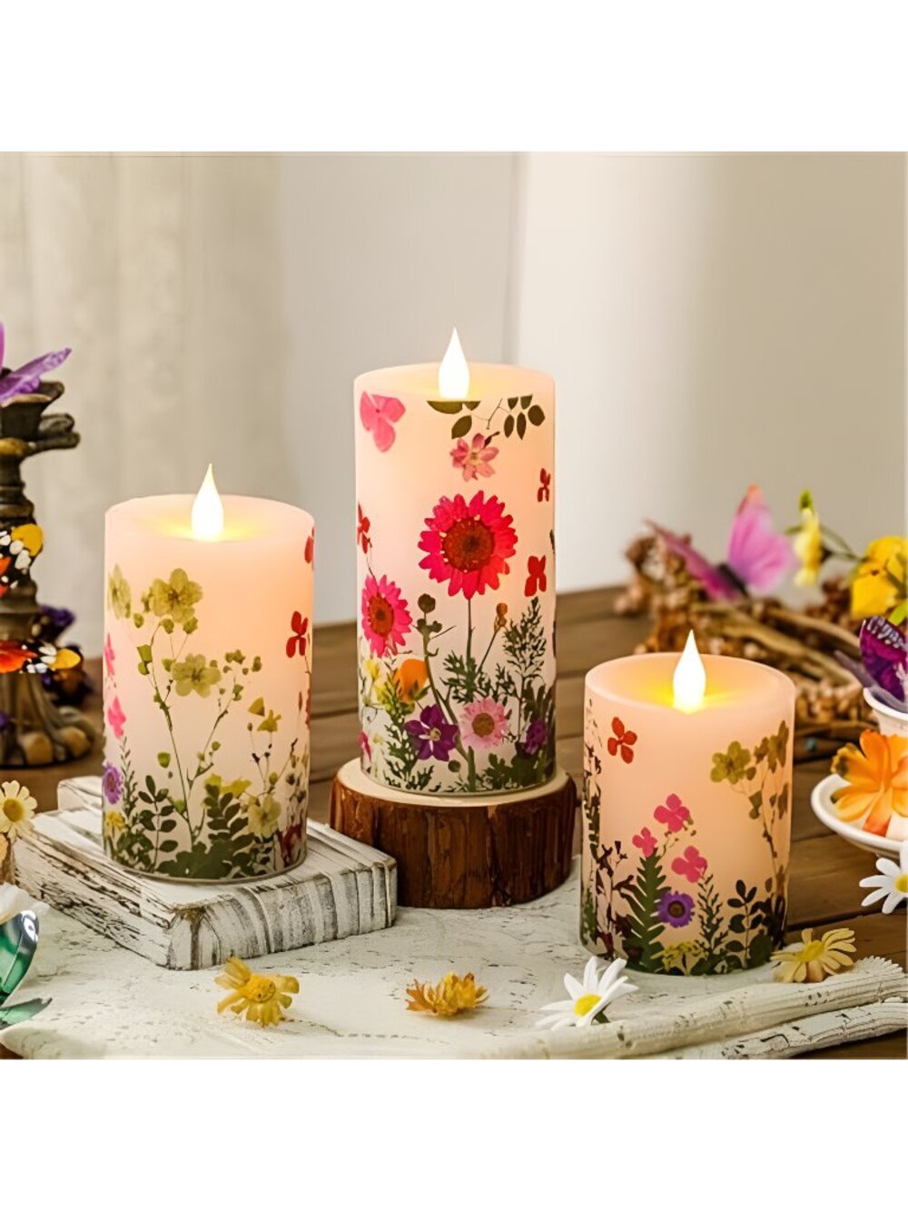 3 Pcs Flower Pillar Candles Spring Flameless Candle LED Battery Operated